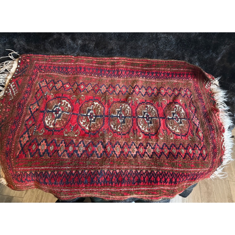 Vintage Tribal Hand Knotted Wool Rug Red Brown Geometric Medallion Accent 32x22
